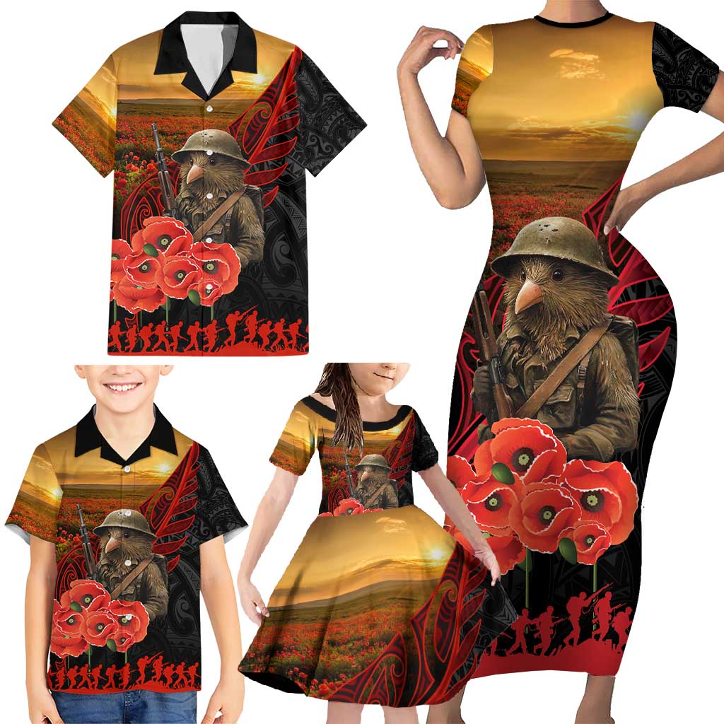 Maori Kiwi Soldier Fern Tattoo ANZAC Day Family Matching Short Sleeve Bodycon Dress and Hawaiian Shirt Lest We Forget