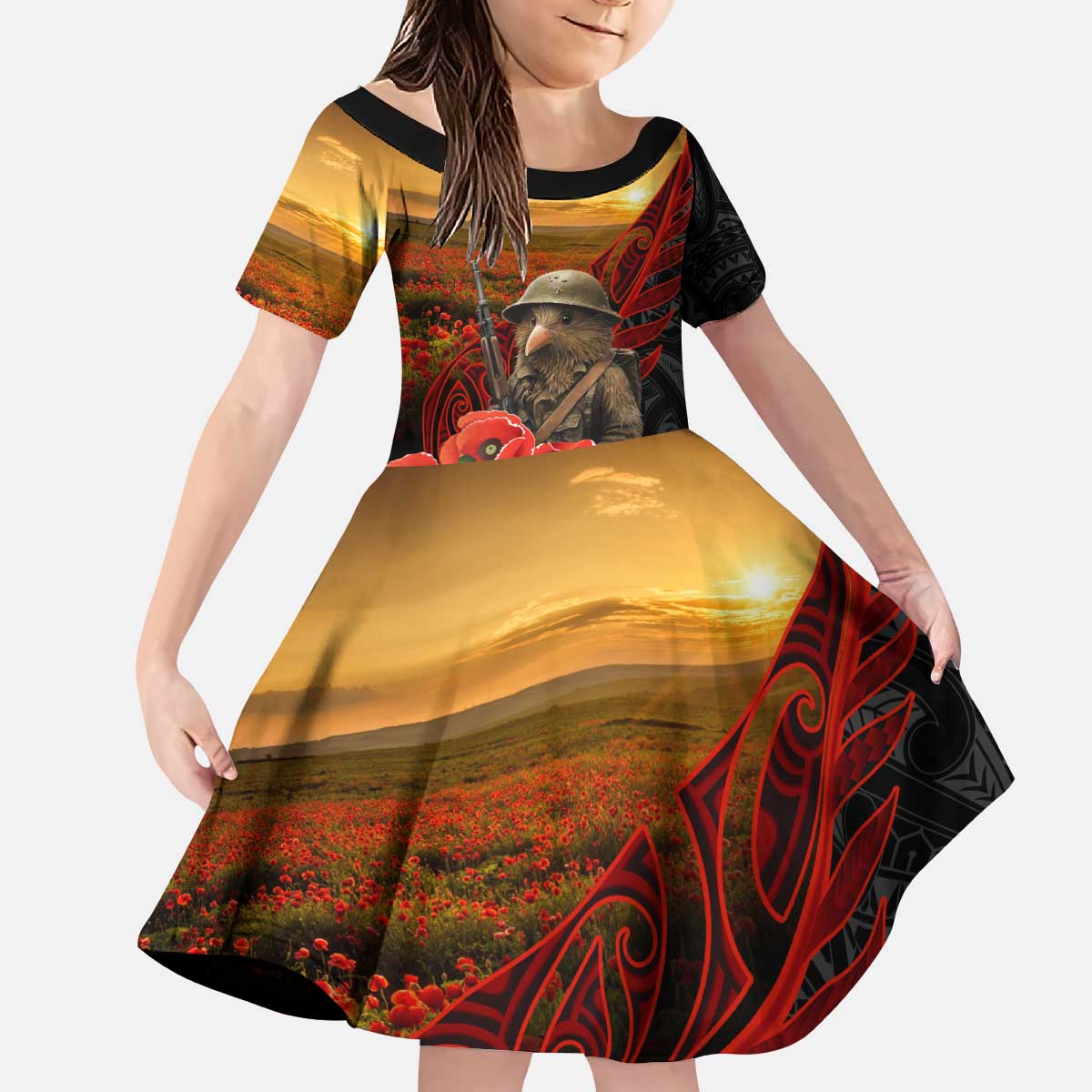 Maori Kiwi Soldier Fern Tattoo ANZAC Day Kid Short Sleeve Dress Lest We Forget LT9 KID Black - Polynesian Pride