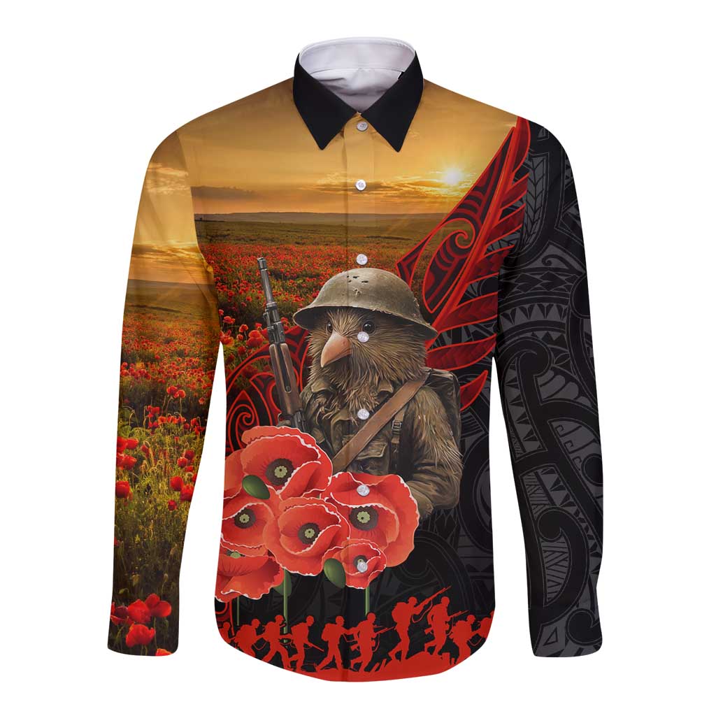 Maori Kiwi Soldier Fern Tattoo ANZAC Day Long Sleeve Button Shirt Lest We Forget LT9 Unisex Black - Polynesian Pride