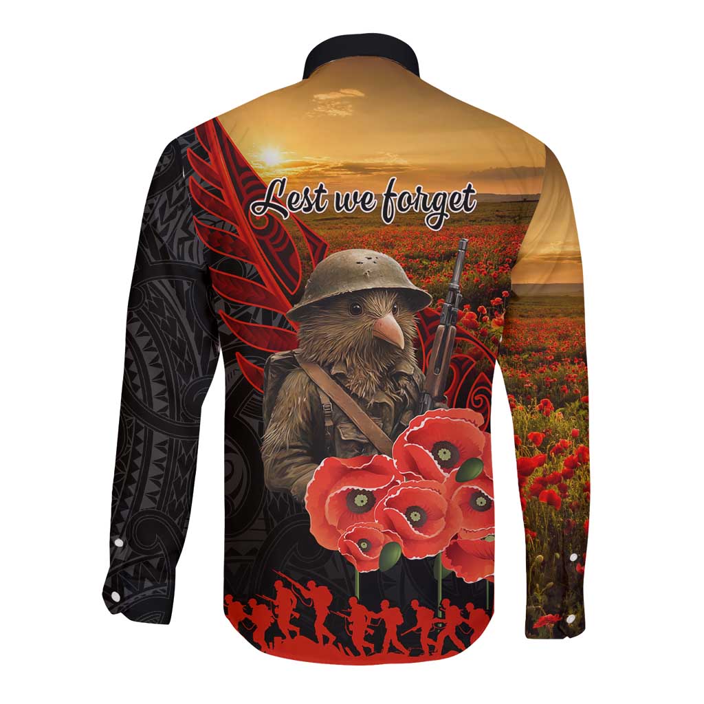Maori Kiwi Soldier Fern Tattoo ANZAC Day Long Sleeve Button Shirt Lest We Forget LT9 - Polynesian Pride