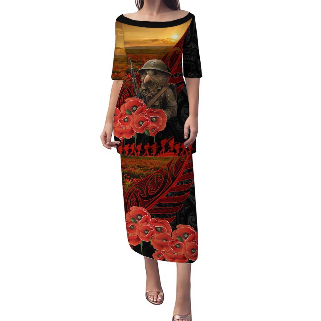 Maori Kiwi Soldier Fern Tattoo ANZAC Day Puletasi Lest We Forget LT9 Long Dress Black - Polynesian Pride