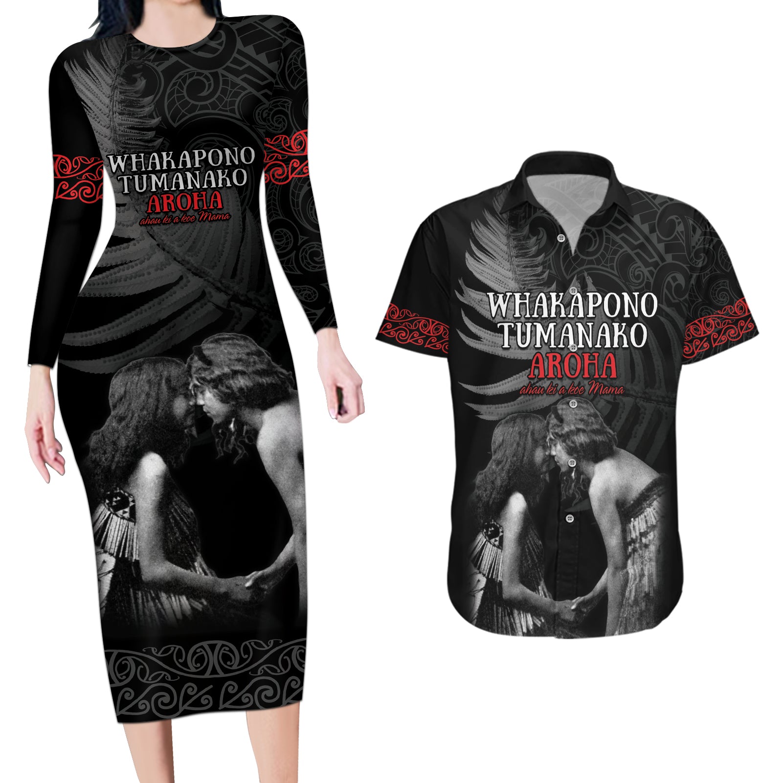 New Zealand Mother's Day Couples Matching Long Sleeve Bodycon Dress and Hawaiian Shirt Maori Hongi Aroha Ahau Ki A Koe Mama