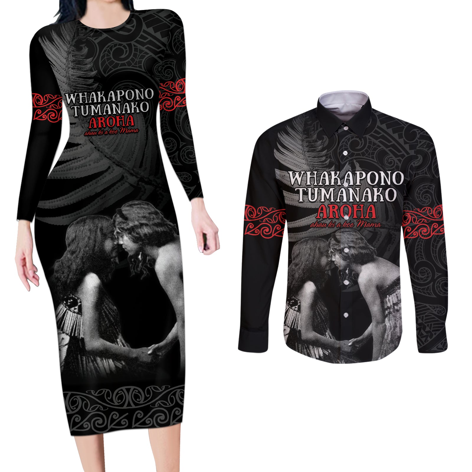 New Zealand Mother's Day Couples Matching Long Sleeve Bodycon Dress and Long Sleeve Button Shirt Maori Hongi Aroha Ahau Ki A Koe Mama LT9 Black - Polynesian Pride