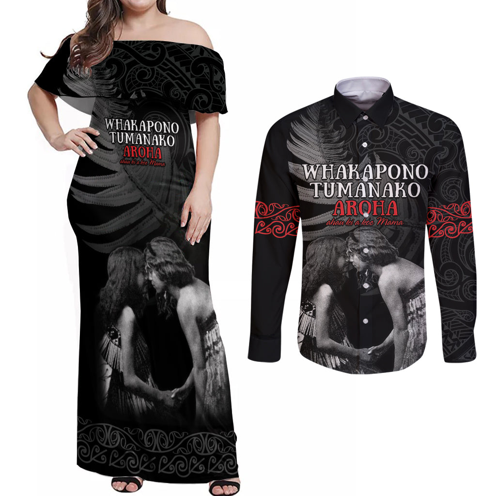 New Zealand Mother's Day Couples Matching Off Shoulder Maxi Dress and Long Sleeve Button Shirt Maori Hongi Aroha Ahau Ki A Koe Mama LT9 Black - Polynesian Pride