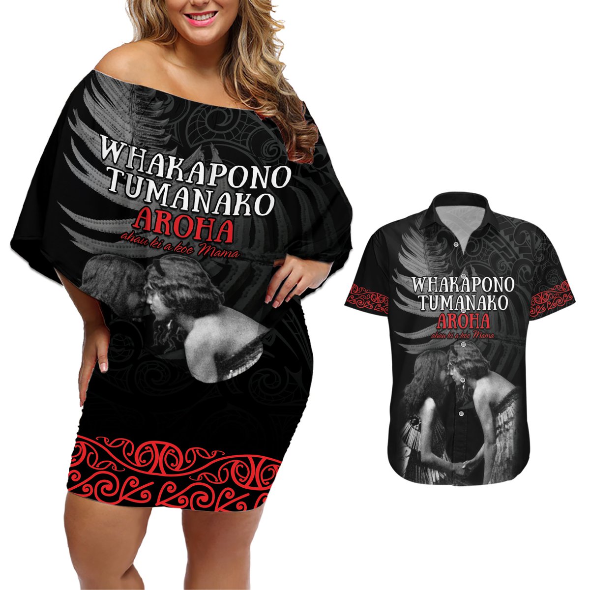 New Zealand Mother's Day Couples Matching Off Shoulder Short Dress and Hawaiian Shirt Maori Hongi Aroha Ahau Ki A Koe Mama LT9 Black - Polynesian Pride