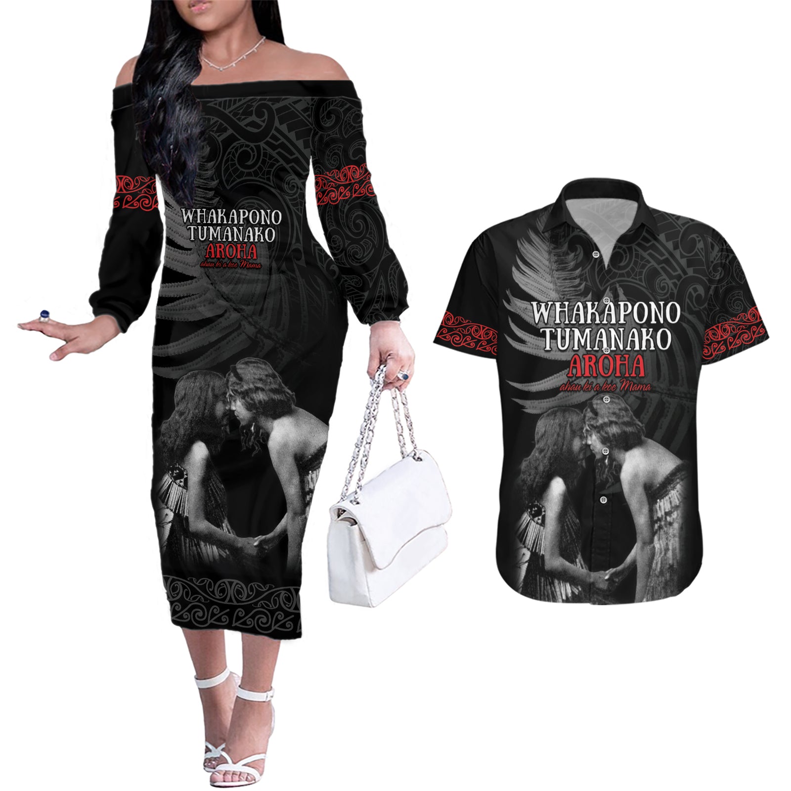 New Zealand Mother's Day Couples Matching Off The Shoulder Long Sleeve Dress and Hawaiian Shirt Maori Hongi Aroha Ahau Ki A Koe Mama LT9 Black - Polynesian Pride
