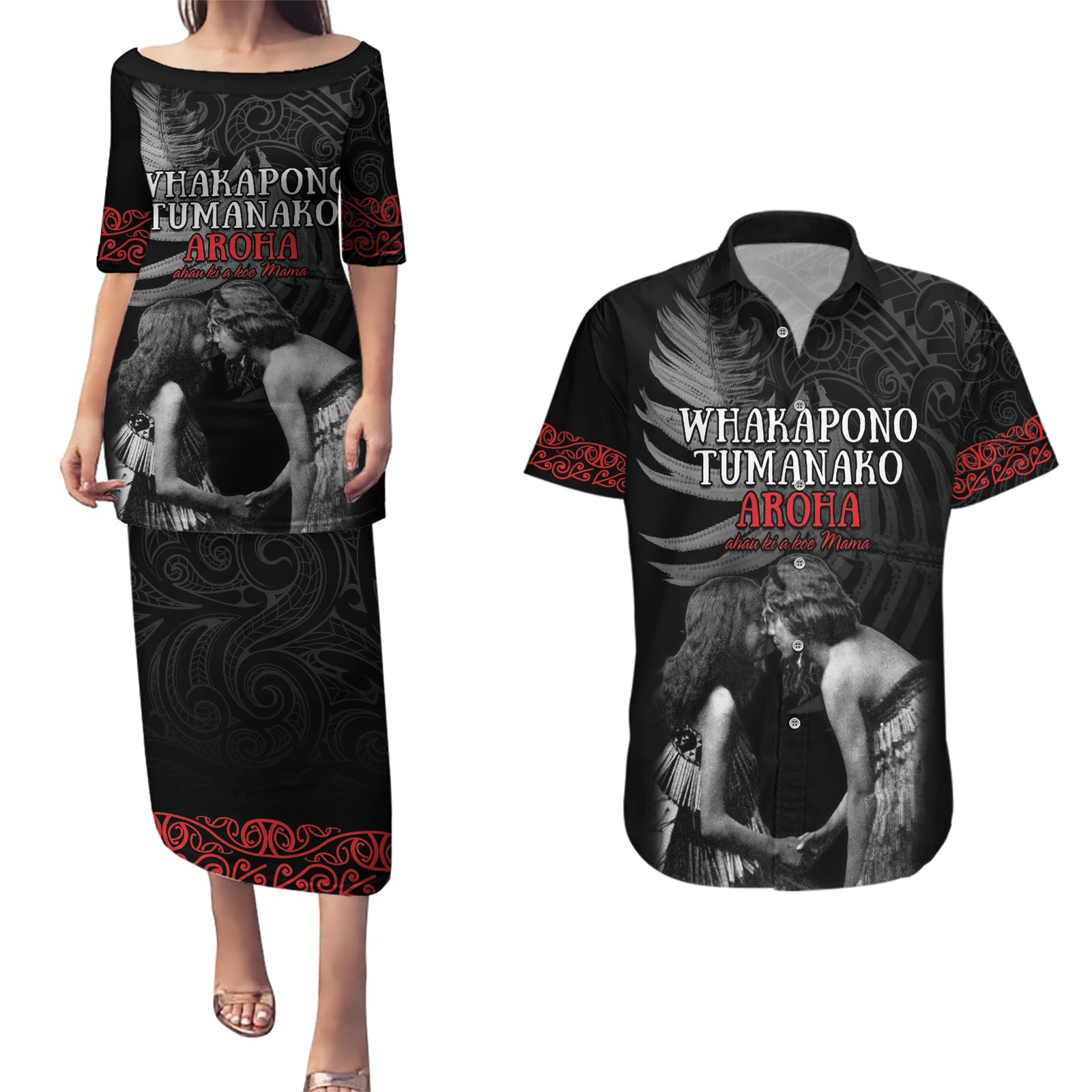 New Zealand Mother's Day Couples Matching Puletasi and Hawaiian Shirt Maori Hongi Aroha Ahau Ki A Koe Mama LT9 Black - Polynesian Pride