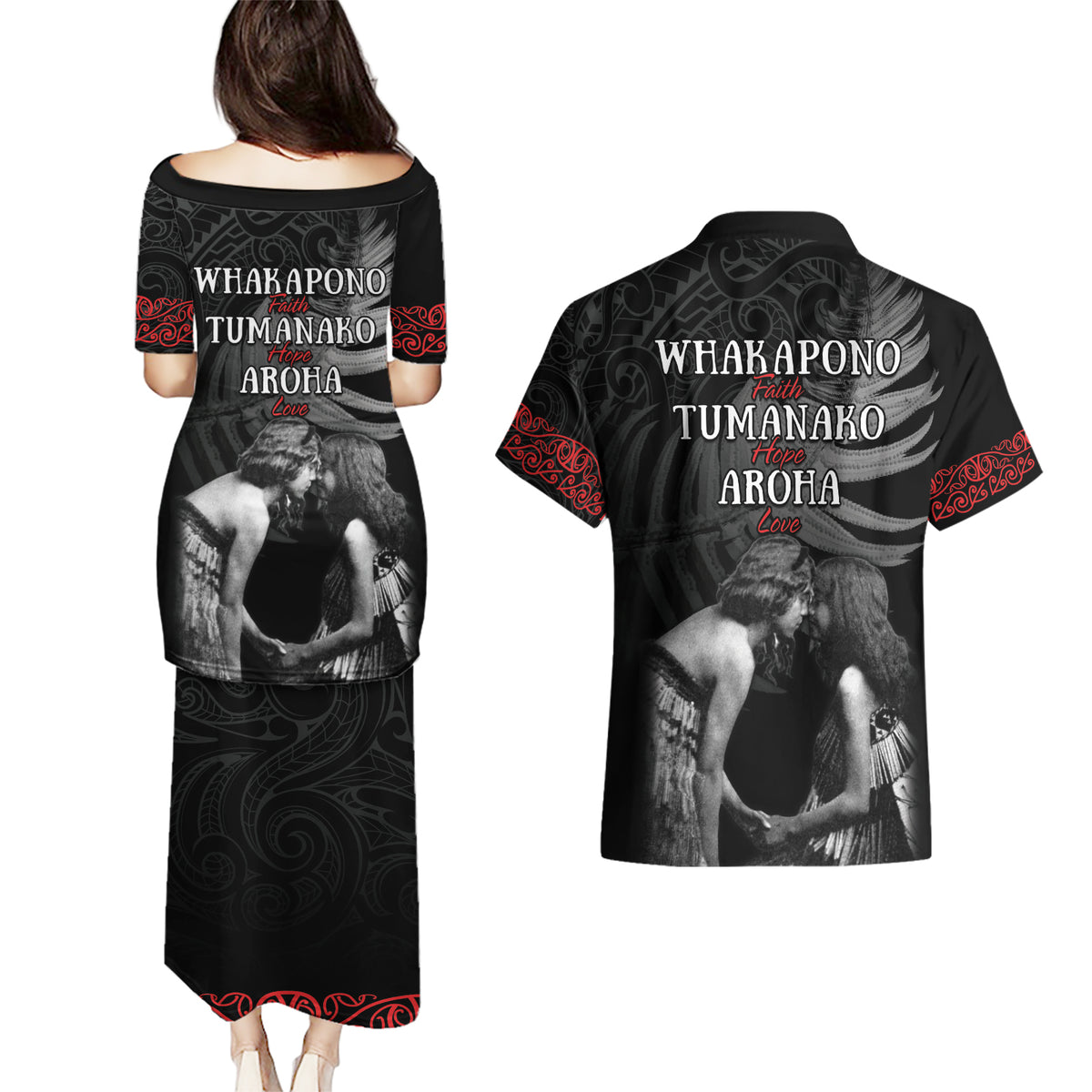 New Zealand Mother's Day Couples Matching Puletasi and Hawaiian Shirt Maori Hongi Aroha Ahau Ki A Koe Mama