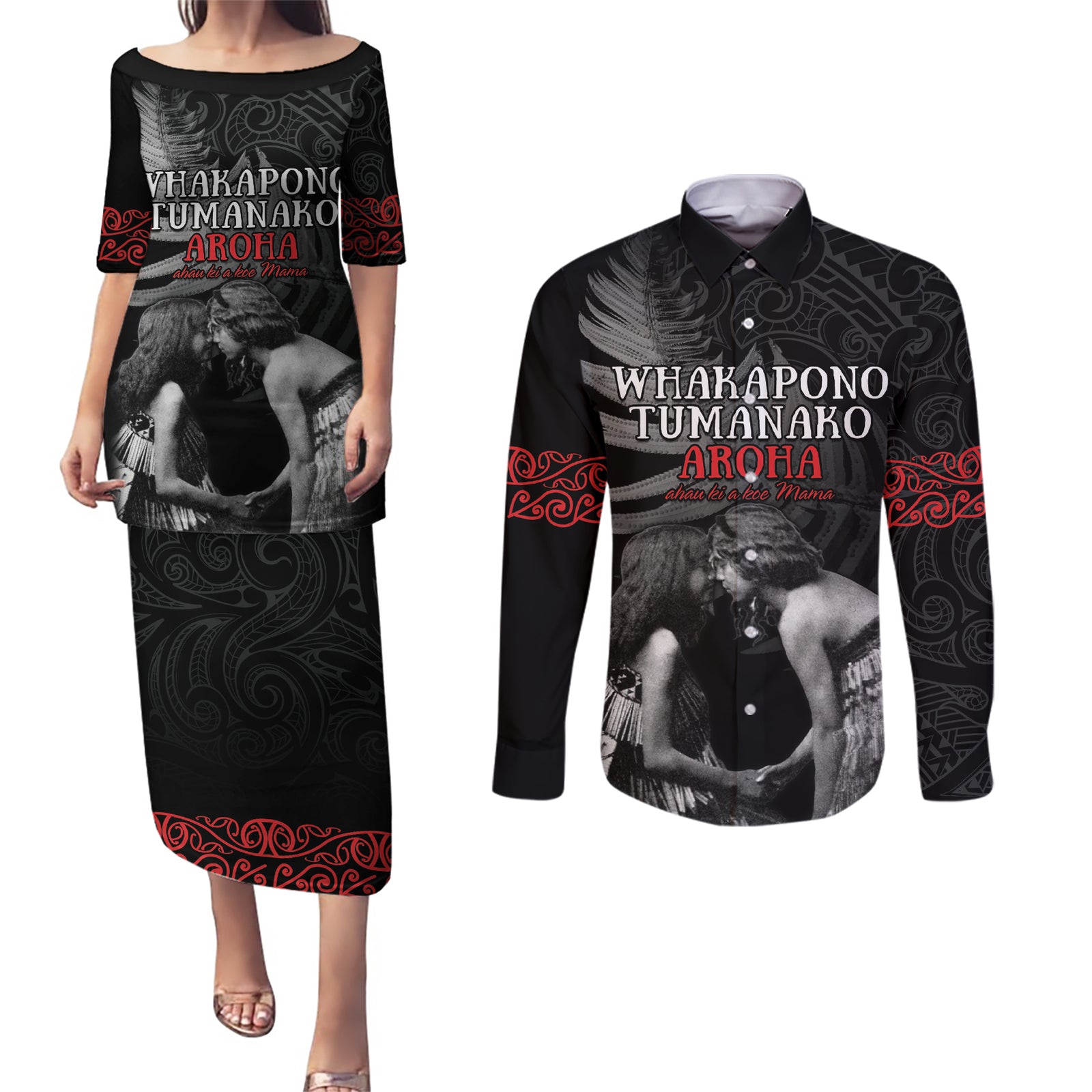 New Zealand Mother's Day Couples Matching Puletasi and Long Sleeve Button Shirt Maori Hongi Aroha Ahau Ki A Koe Mama LT9 Black - Polynesian Pride