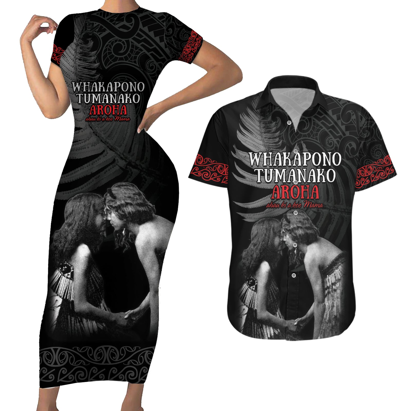 New Zealand Mother's Day Couples Matching Short Sleeve Bodycon Dress and Hawaiian Shirt Maori Hongi Aroha Ahau Ki A Koe Mama LT9 Black - Polynesian Pride