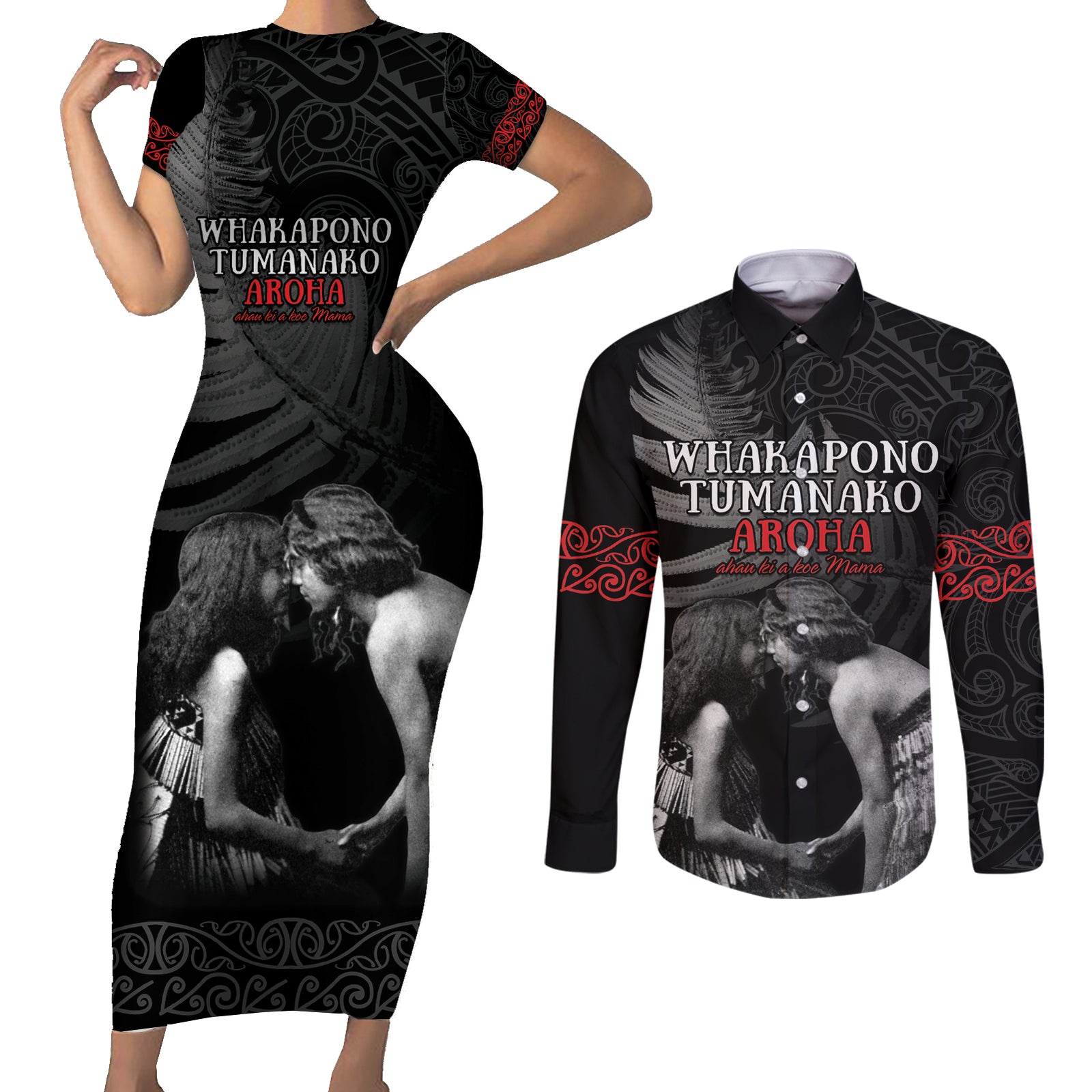 New Zealand Mother's Day Couples Matching Short Sleeve Bodycon Dress and Long Sleeve Button Shirt Maori Hongi Aroha Ahau Ki A Koe Mama LT9 Black - Polynesian Pride