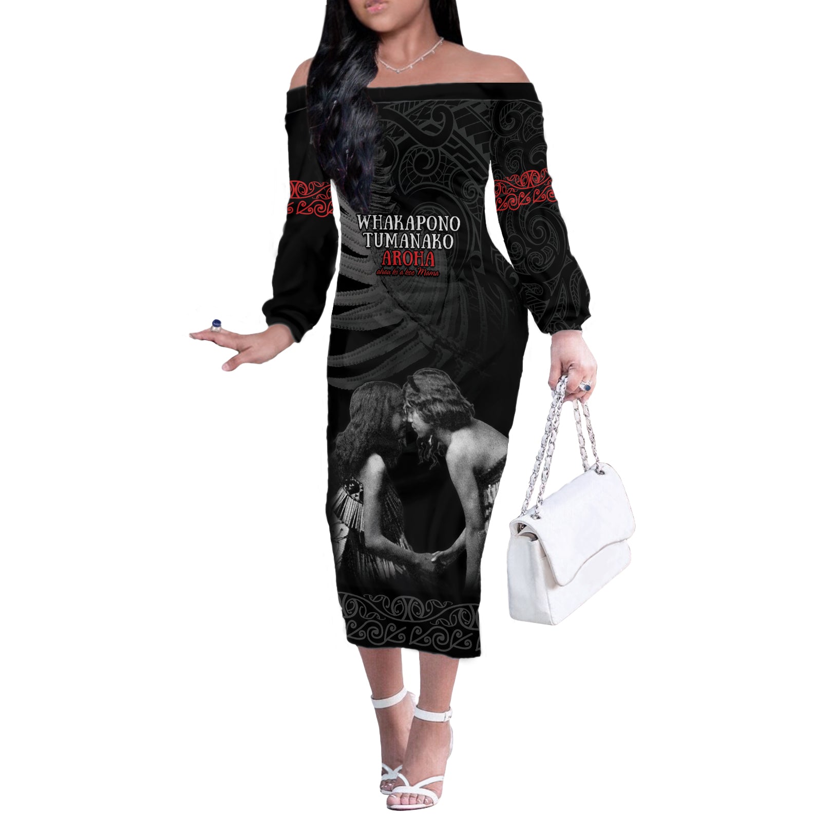 New Zealand Mother's Day Off The Shoulder Long Sleeve Dress Maori Hongi Aroha Ahau Ki A Koe Mama