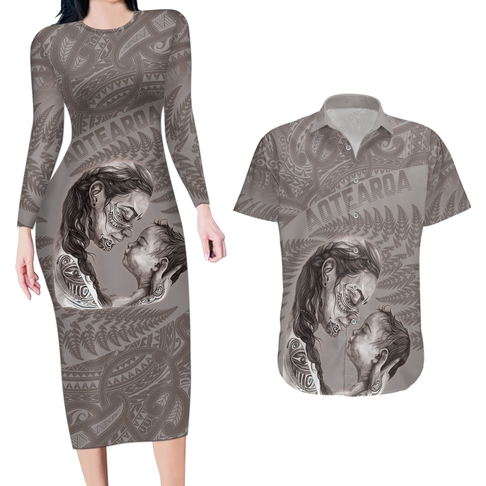New Zealand Mother's Day Couples Matching Long Sleeve Bodycon Dress and Hawaiian Shirt Maori Mo Toku Mama Silver Fern LT9 Nude - Polynesian Pride