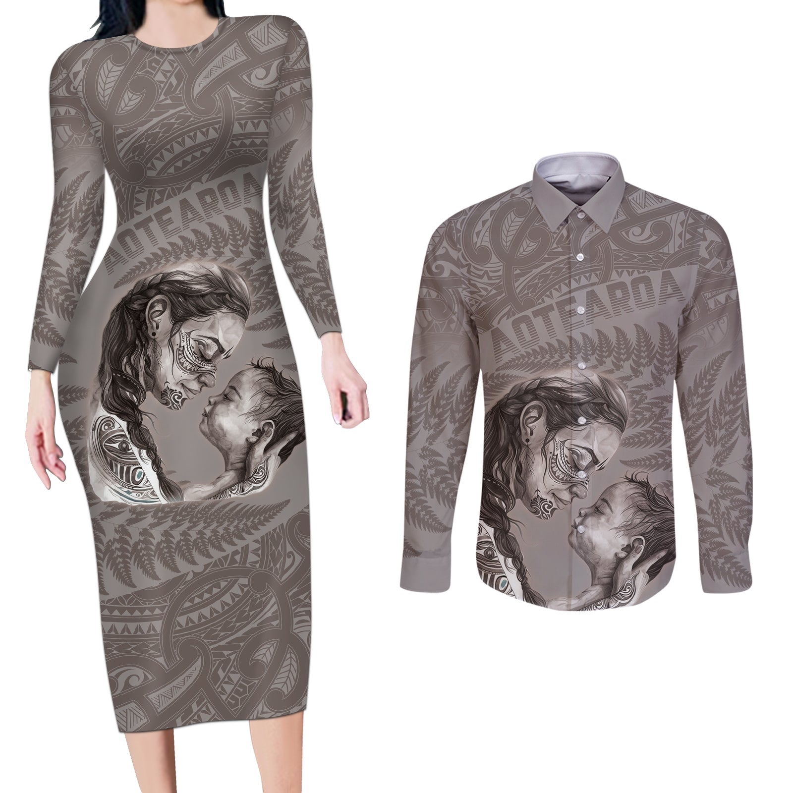 New Zealand Mother's Day Couples Matching Long Sleeve Bodycon Dress and Long Sleeve Button Shirt Maori Mo Toku Mama Silver Fern LT9 Nude - Polynesian Pride