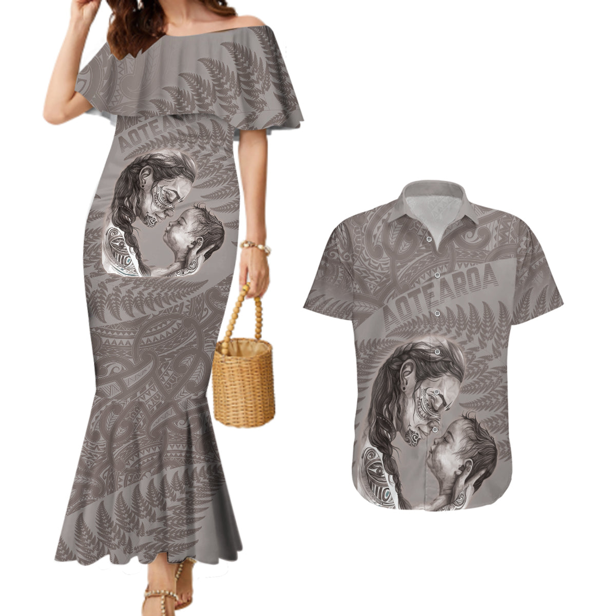 New Zealand Mother's Day Couples Matching Mermaid Dress and Hawaiian Shirt Maori Mo Toku Mama Silver Fern