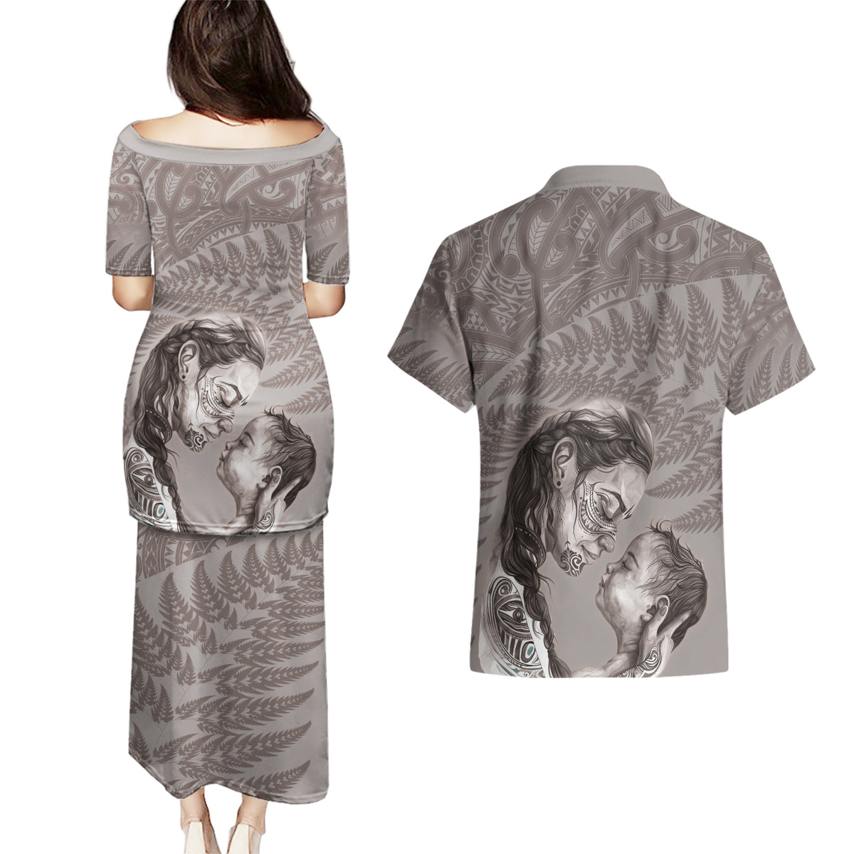 New Zealand Mother's Day Couples Matching Puletasi and Hawaiian Shirt Maori Mo Toku Mama Silver Fern