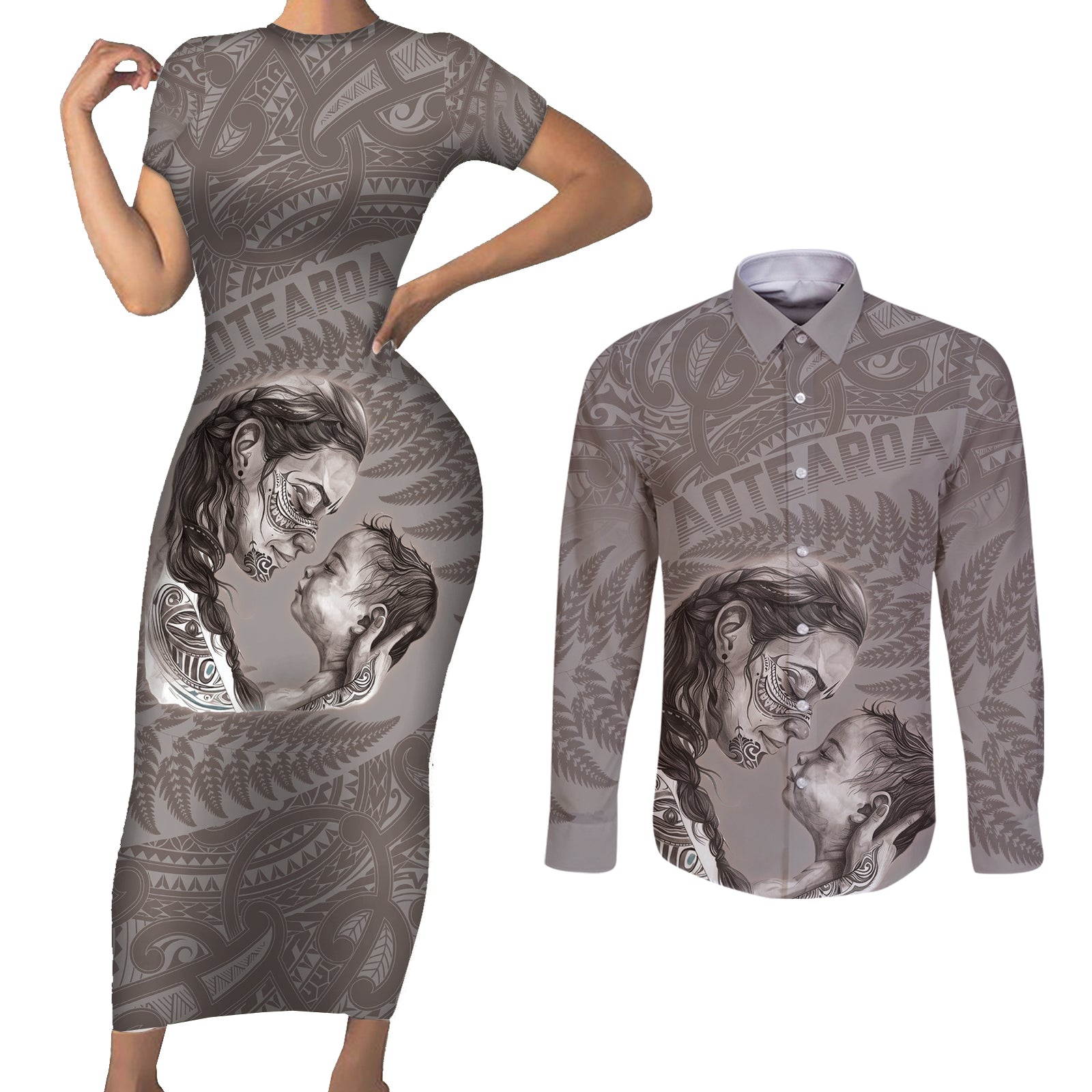 New Zealand Mother's Day Couples Matching Short Sleeve Bodycon Dress and Long Sleeve Button Shirt Maori Mo Toku Mama Silver Fern LT9 Nude - Polynesian Pride