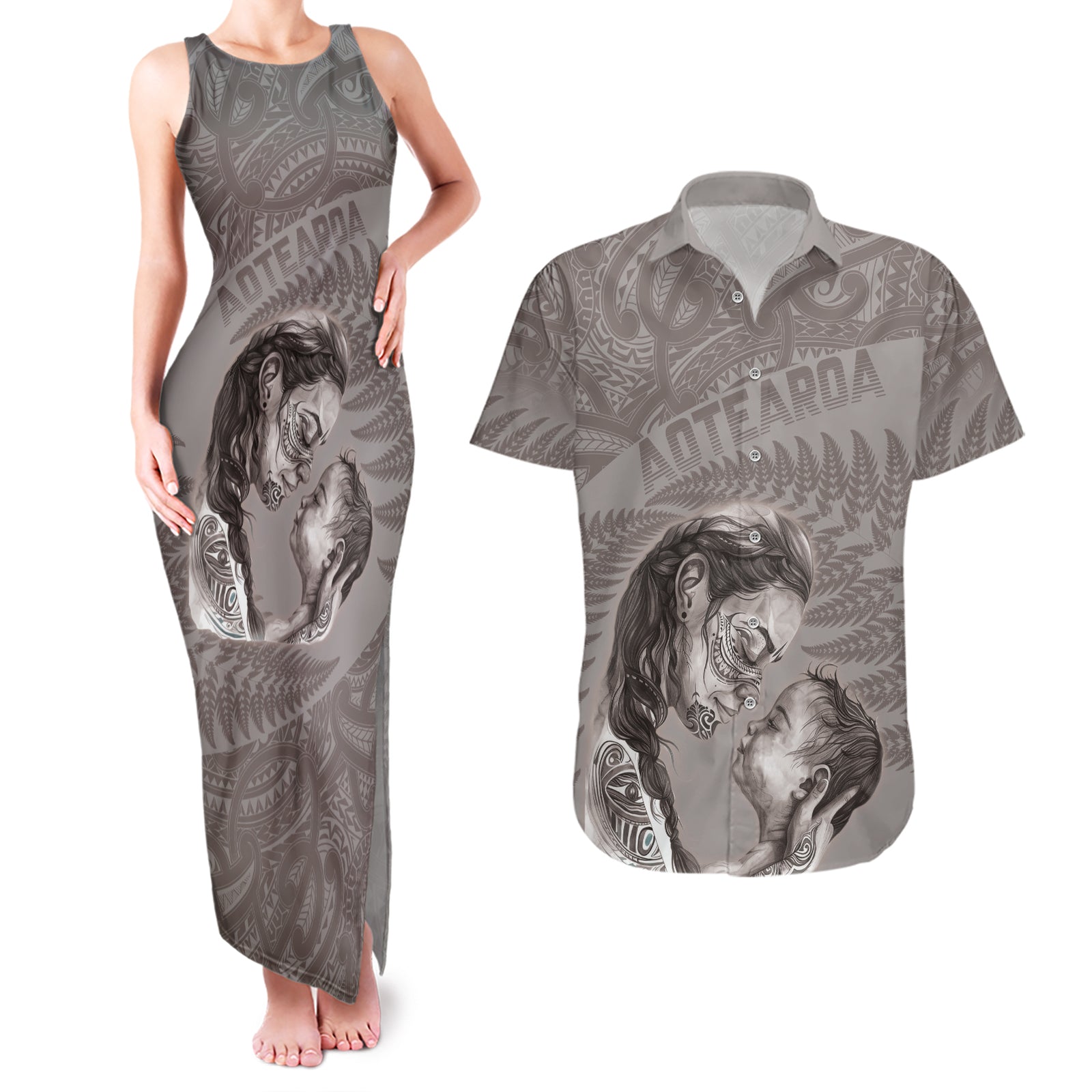New Zealand Mother's Day Couples Matching Tank Maxi Dress and Hawaiian Shirt Maori Mo Toku Mama Silver Fern LT9 Nude - Polynesian Pride