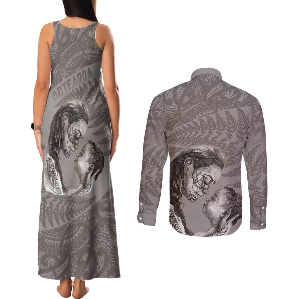 New Zealand Mother's Day Couples Matching Tank Maxi Dress and Long Sleeve Button Shirt Maori Mo Toku Mama Silver Fern