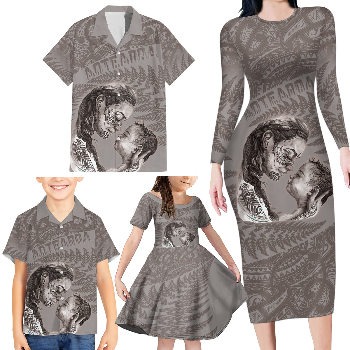 New Zealand Mother's Day Family Matching Long Sleeve Bodycon Dress and Hawaiian Shirt Maori Mo Toku Mama Silver Fern