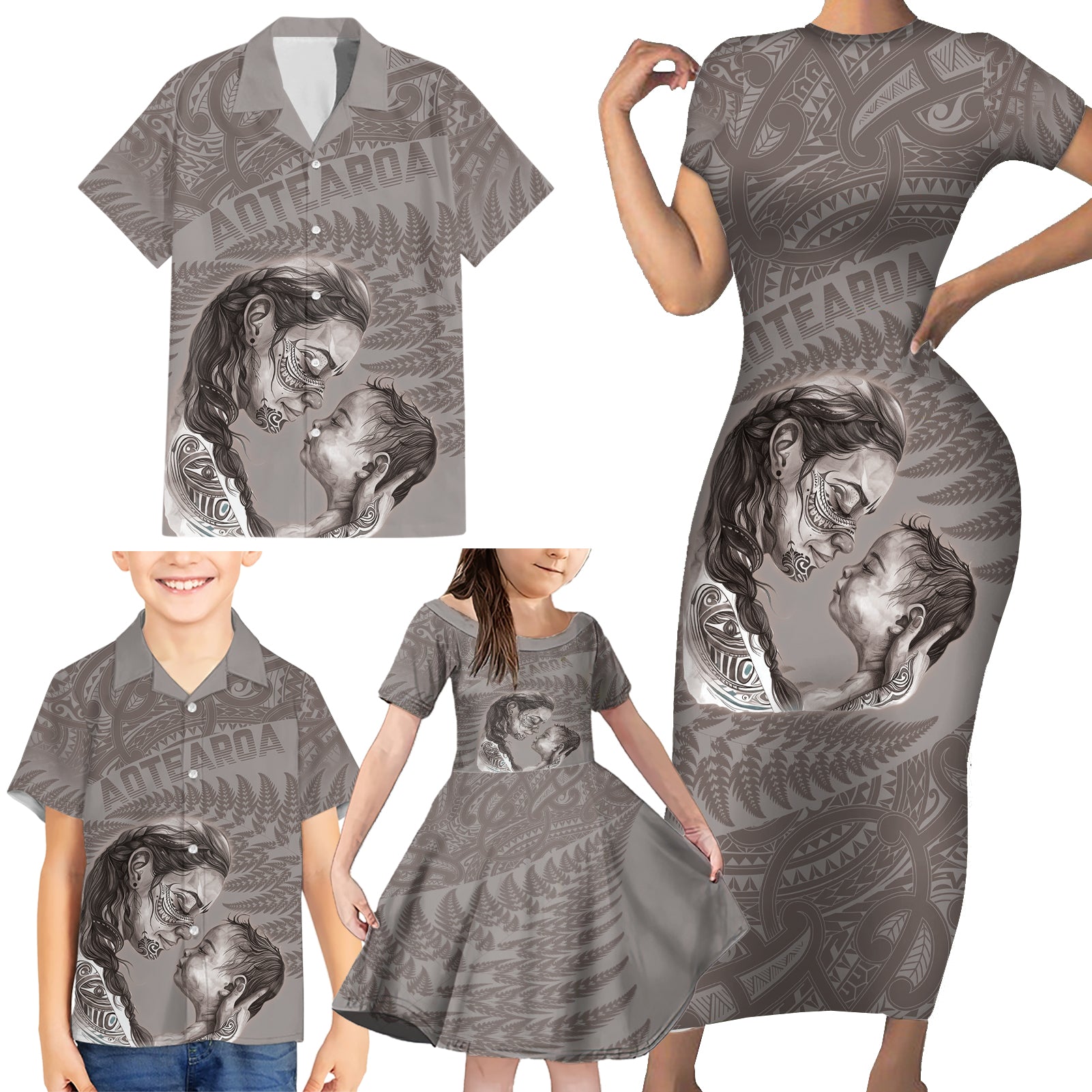 New Zealand Mother's Day Family Matching Short Sleeve Bodycon Dress and Hawaiian Shirt Maori Mo Toku Mama Silver Fern