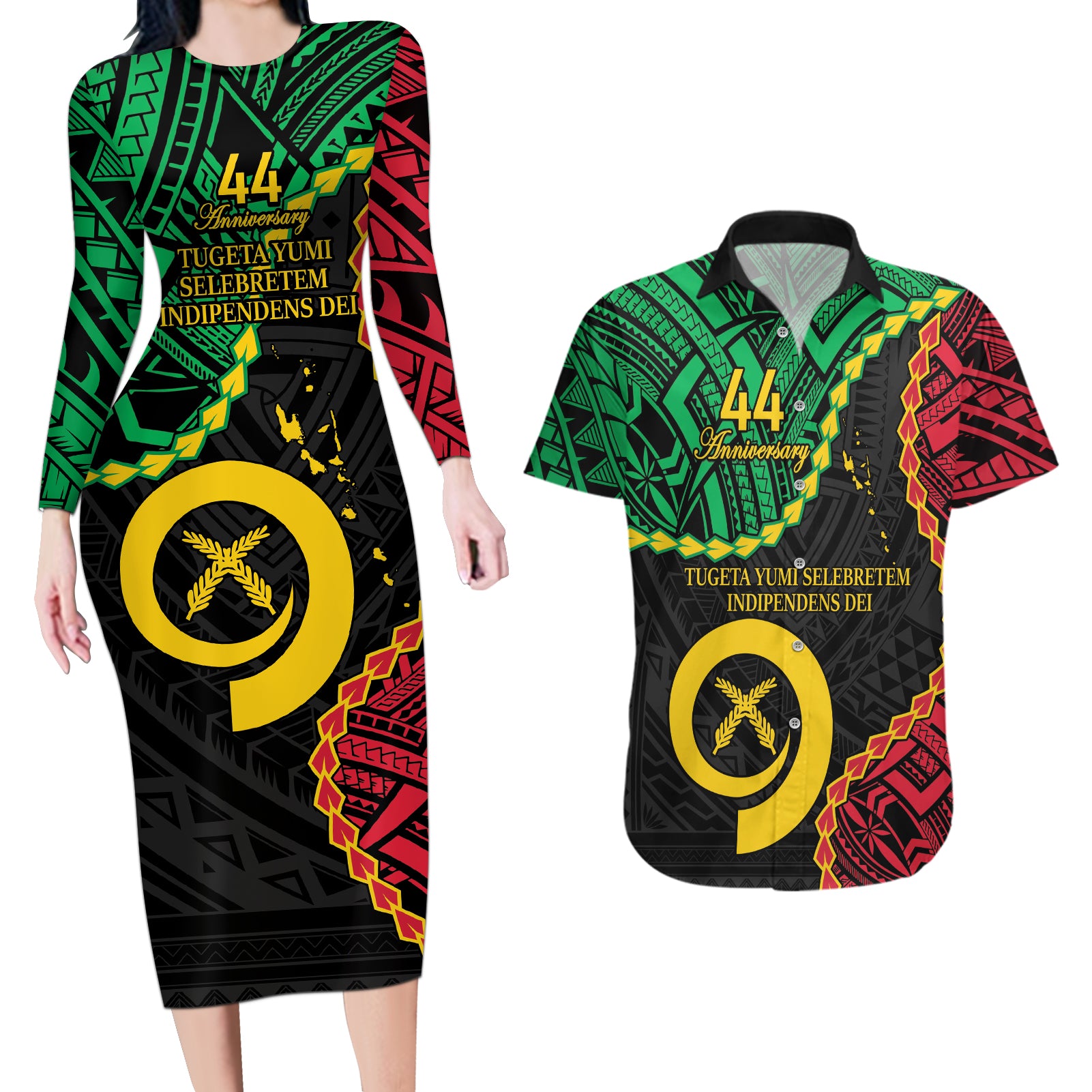 Personalised Vanuatu 44th Anniversary Couples Matching Long Sleeve Bodycon Dress and Hawaiian Shirt Tugeta Yumi Selebretem Indipendens Dei