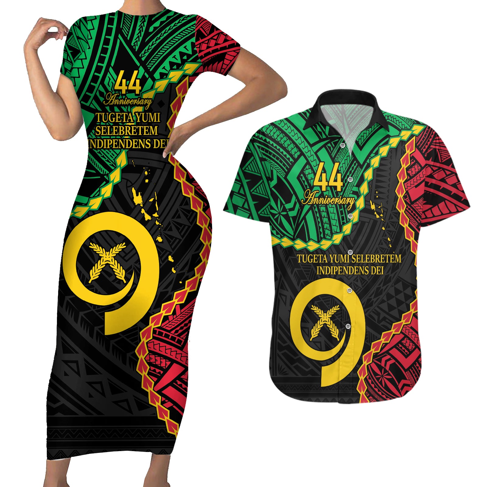 Personalised Vanuatu 44th Anniversary Couples Matching Short Sleeve Bodycon Dress and Hawaiian Shirt Tugeta Yumi Selebretem Indipendens Dei