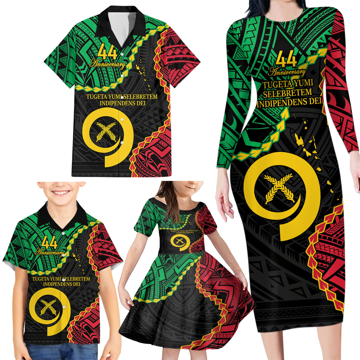 Personalised Vanuatu 44th Anniversary Family Matching Long Sleeve Bodycon Dress and Hawaiian Shirt Tugeta Yumi Selebretem Indipendens Dei