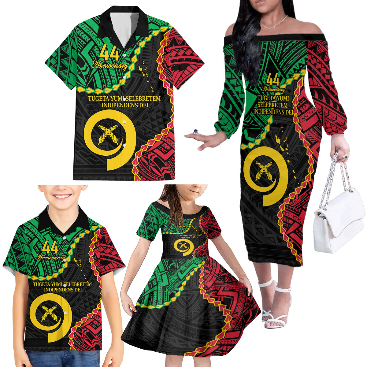 Personalised Vanuatu 44th Anniversary Family Matching Off The Shoulder Long Sleeve Dress and Hawaiian Shirt Tugeta Yumi Selebretem Indipendens Dei