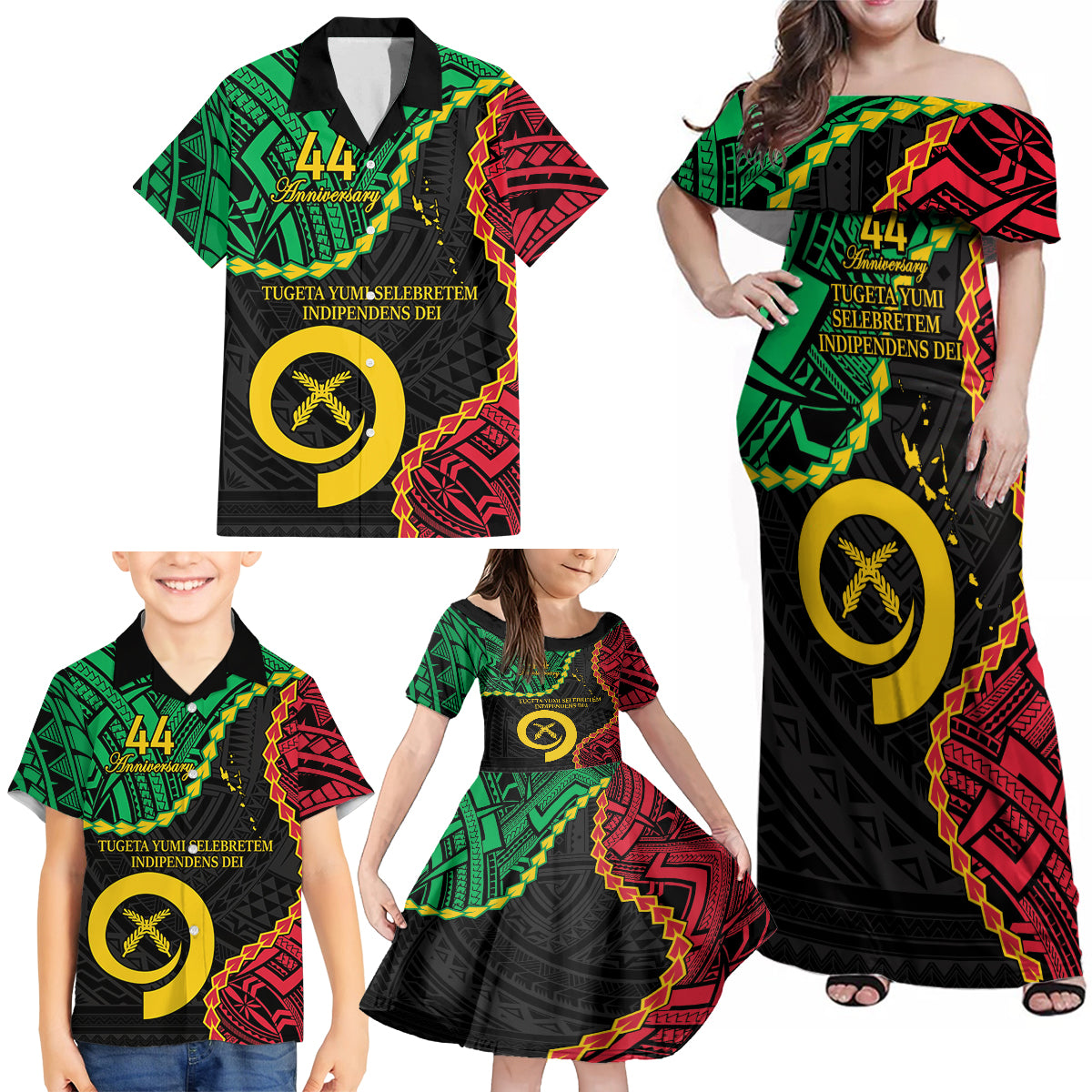 Personalised Vanuatu 44th Anniversary Family Matching Off Shoulder Maxi Dress and Hawaiian Shirt Tugeta Yumi Selebretem Indipendens Dei LT9 - Polynesian Pride