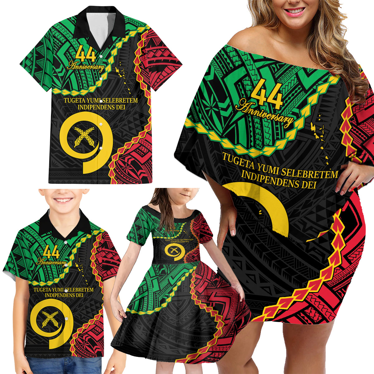 Personalised Vanuatu 44th Anniversary Family Matching Off Shoulder Short Dress and Hawaiian Shirt Tugeta Yumi Selebretem Indipendens Dei