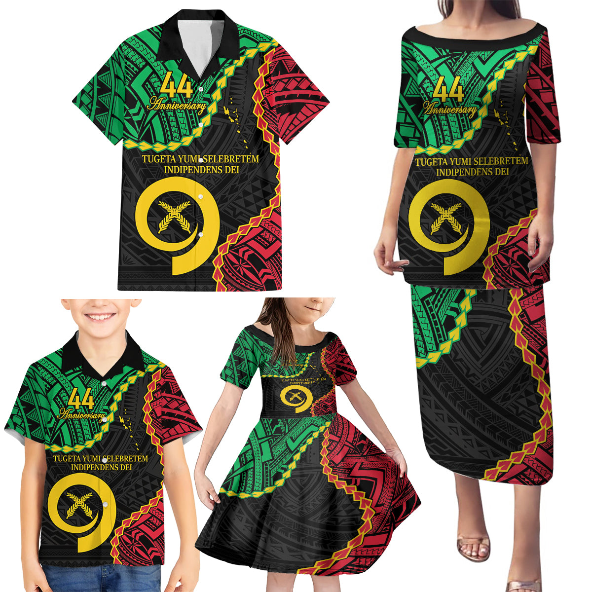 Personalised Vanuatu 44th Anniversary Family Matching Puletasi and Hawaiian Shirt Tugeta Yumi Selebretem Indipendens Dei