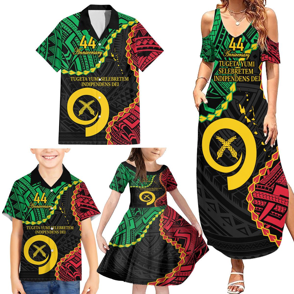 Personalised Vanuatu 44th Anniversary Family Matching Summer Maxi Dress and Hawaiian Shirt Tugeta Yumi Selebretem Indipendens Dei