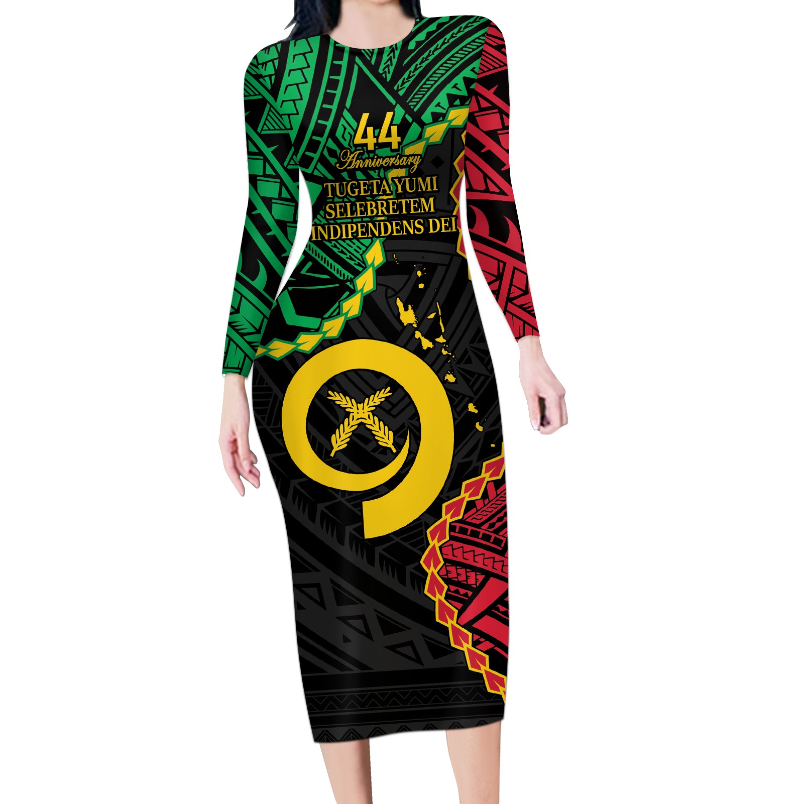 Personalised Vanuatu 44th Anniversary Long Sleeve Bodycon Dress Tugeta Yumi Selebretem Indipendens Dei