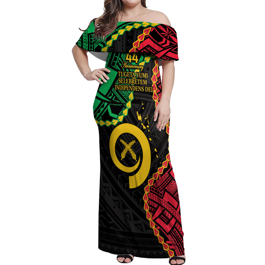 Personalised Vanuatu 44th Anniversary Off Shoulder Maxi Dress Tugeta Yumi Selebretem Indipendens Dei LT9 Women Black - Polynesian Pride