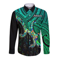 Aotearoa Papua Shell Long Sleeve Button Shirt Maori Tribal Pattern LT9 Unisex Green - Polynesian Pride