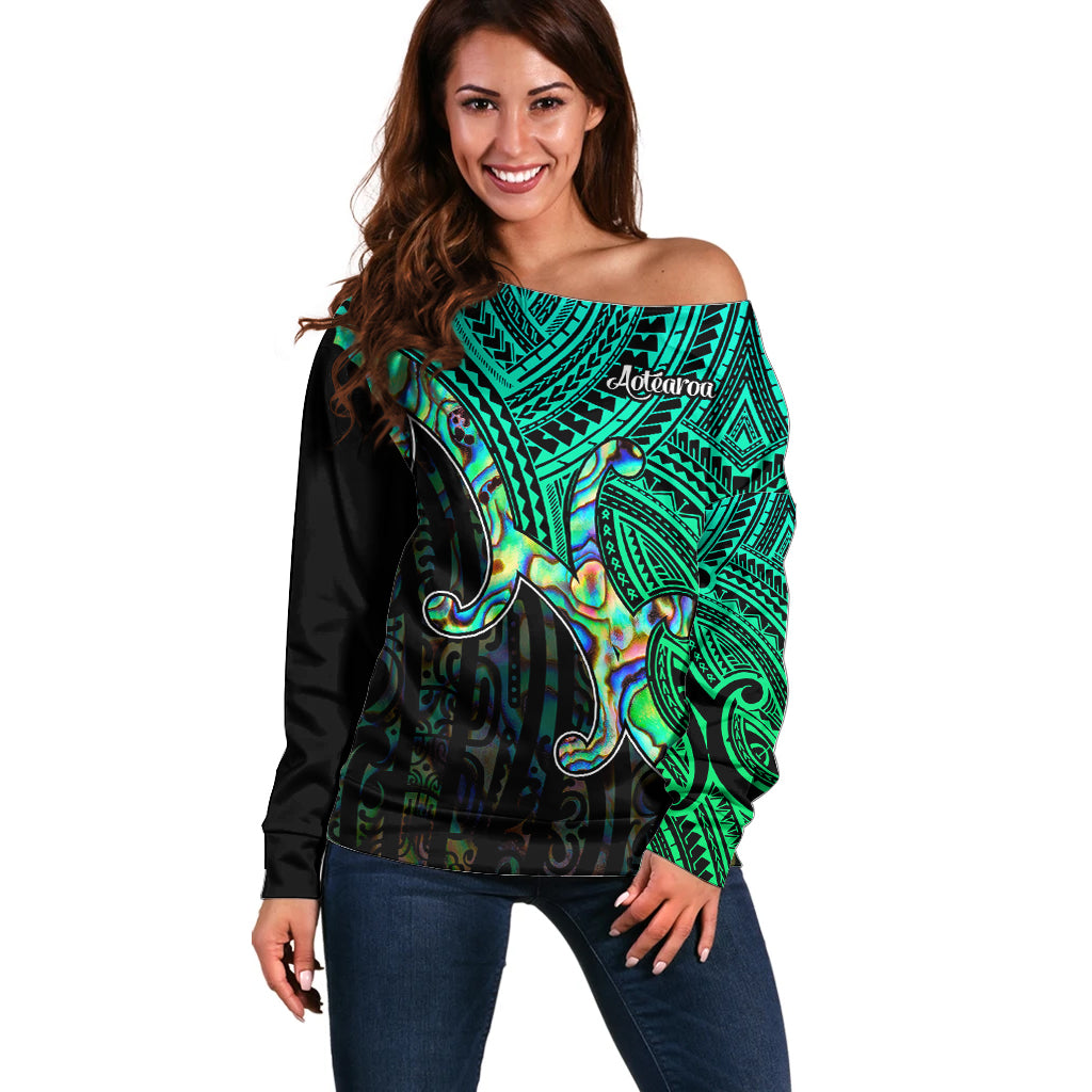 Aotearoa Papua Shell Off Shoulder Sweater Maori Tribal Pattern LT9 Women Green - Polynesian Pride