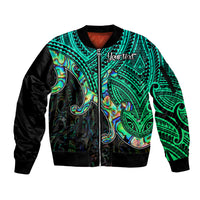 Custom Aotearoa Papua Shell Sleeve Zip Bomber Jacket Maori Tribal Pattern LT9 Unisex Green - Polynesian Pride