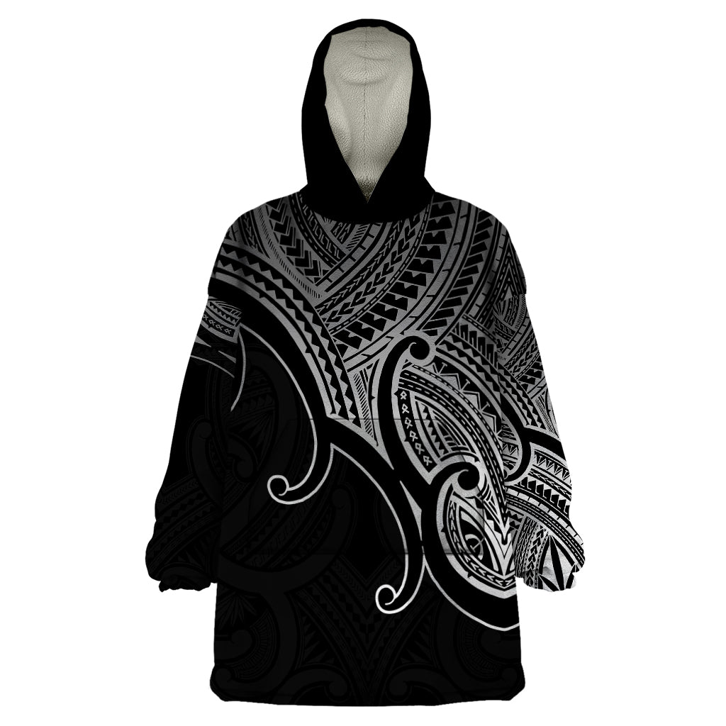 Aotearoa Maori Koru Wearable Blanket Hoodie Polynesian Pacific Tribal - Black LT9 One Size Black - Polynesian Pride