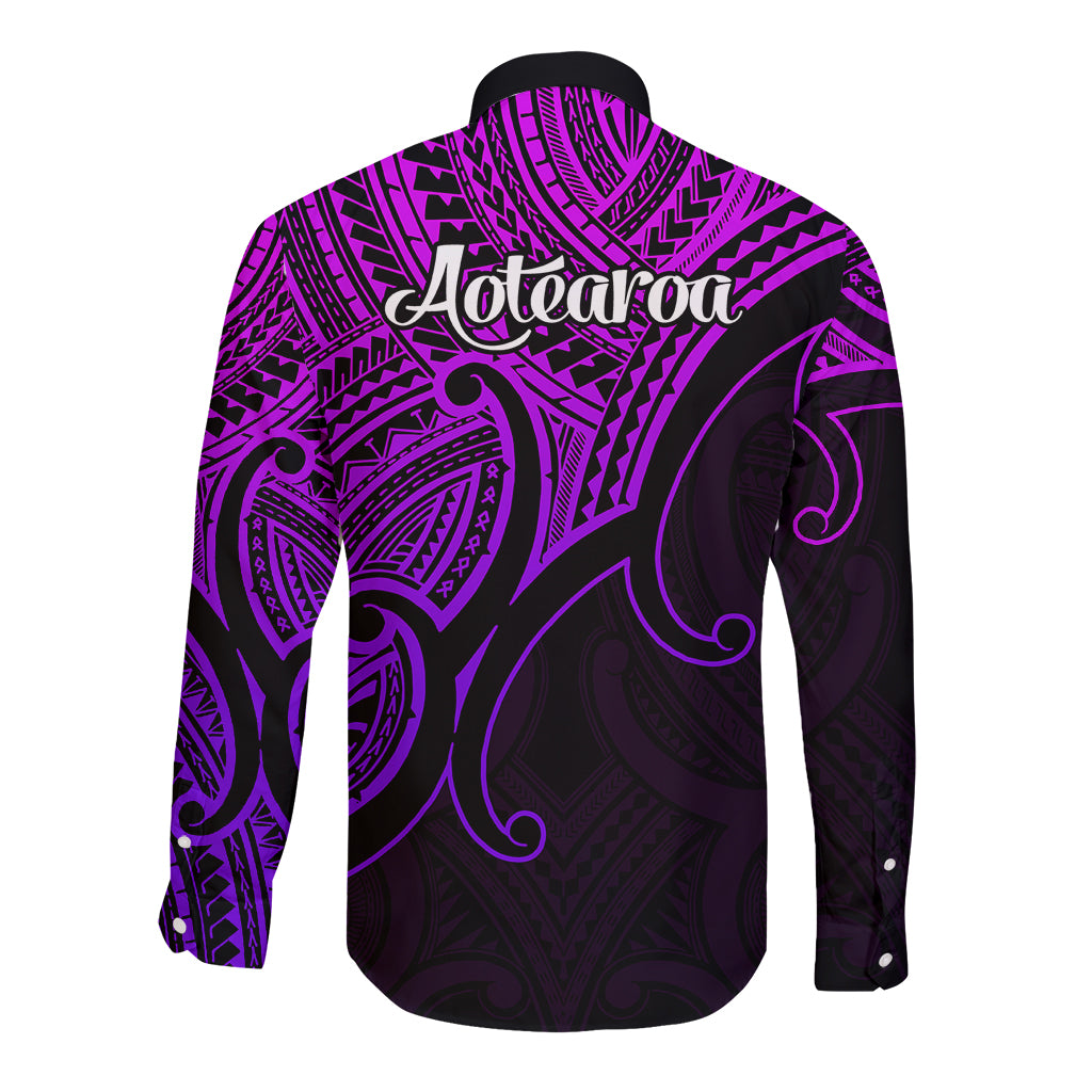 Aotearoa Maori Koru Long Sleeve Button Shirt Polynesian Pacific Tribal - Purple LT9 - Polynesian Pride
