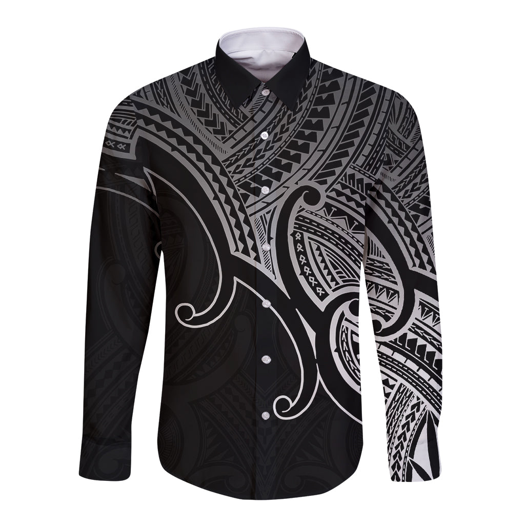 Custom Aotearoa Maori Koru Long Sleeve Button Shirt Polynesian Pacific Tribal - Black LT9 Unisex Black - Polynesian Pride