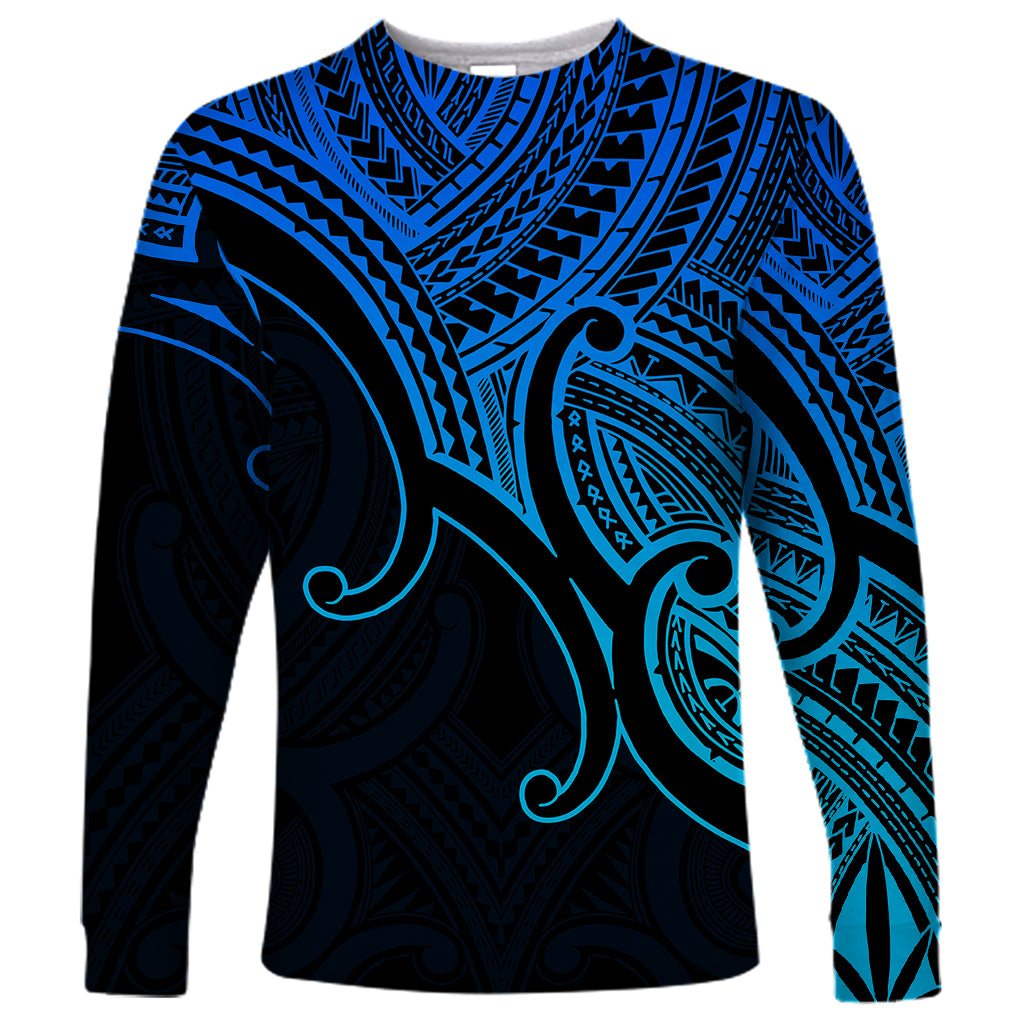 Custom Aotearoa Maori Koru Long Sleeve Shirt Polynesian Pacific Tribal - Blue LT9 Unisex Blue - Polynesian Pride