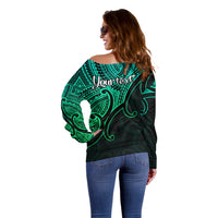 Custom Aotearoa Maori Koru Off Shoulder Sweater Polynesian Pacific Tribal - Green LT9 - Polynesian Pride