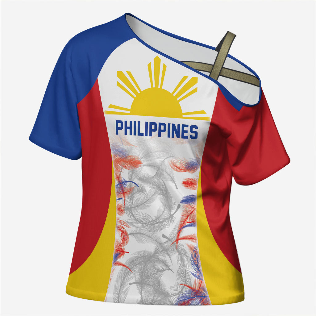 Philippines Flag Day Cross Shoulder Shirt Filipino Feather Pattern LT9 Female White - Polynesian Pride