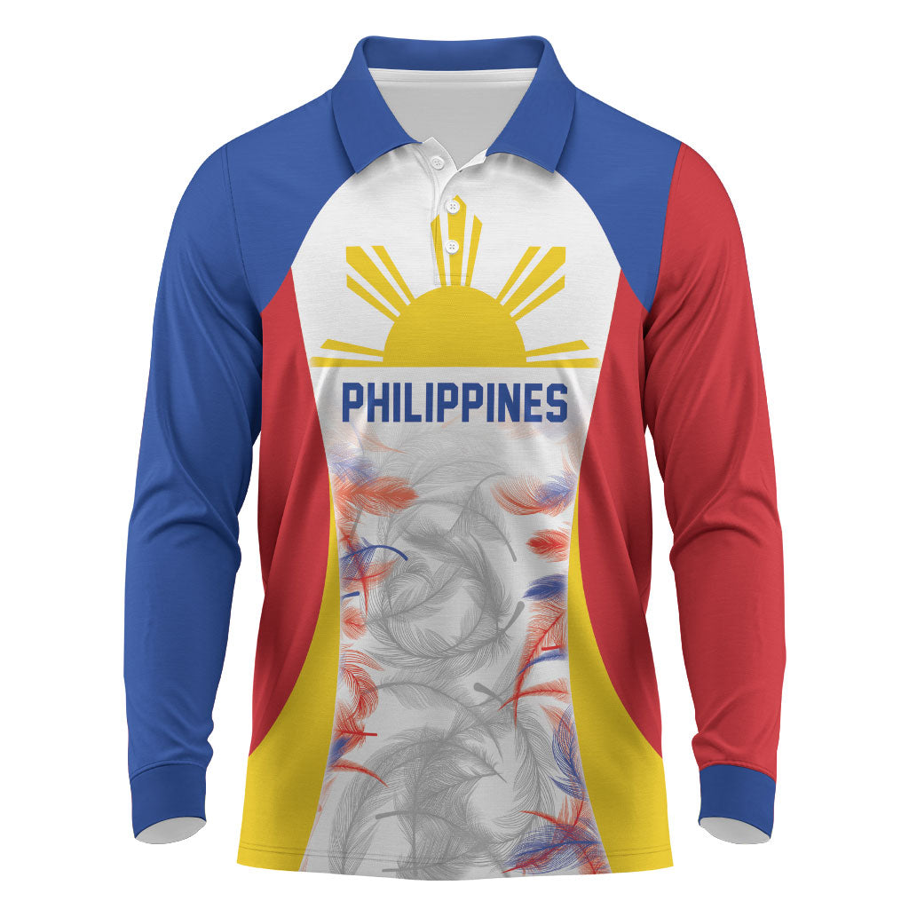 Philippines Flag Day Long Sleeve Polo Shirt Filipino Feather Pattern LT9 White - Polynesian Pride