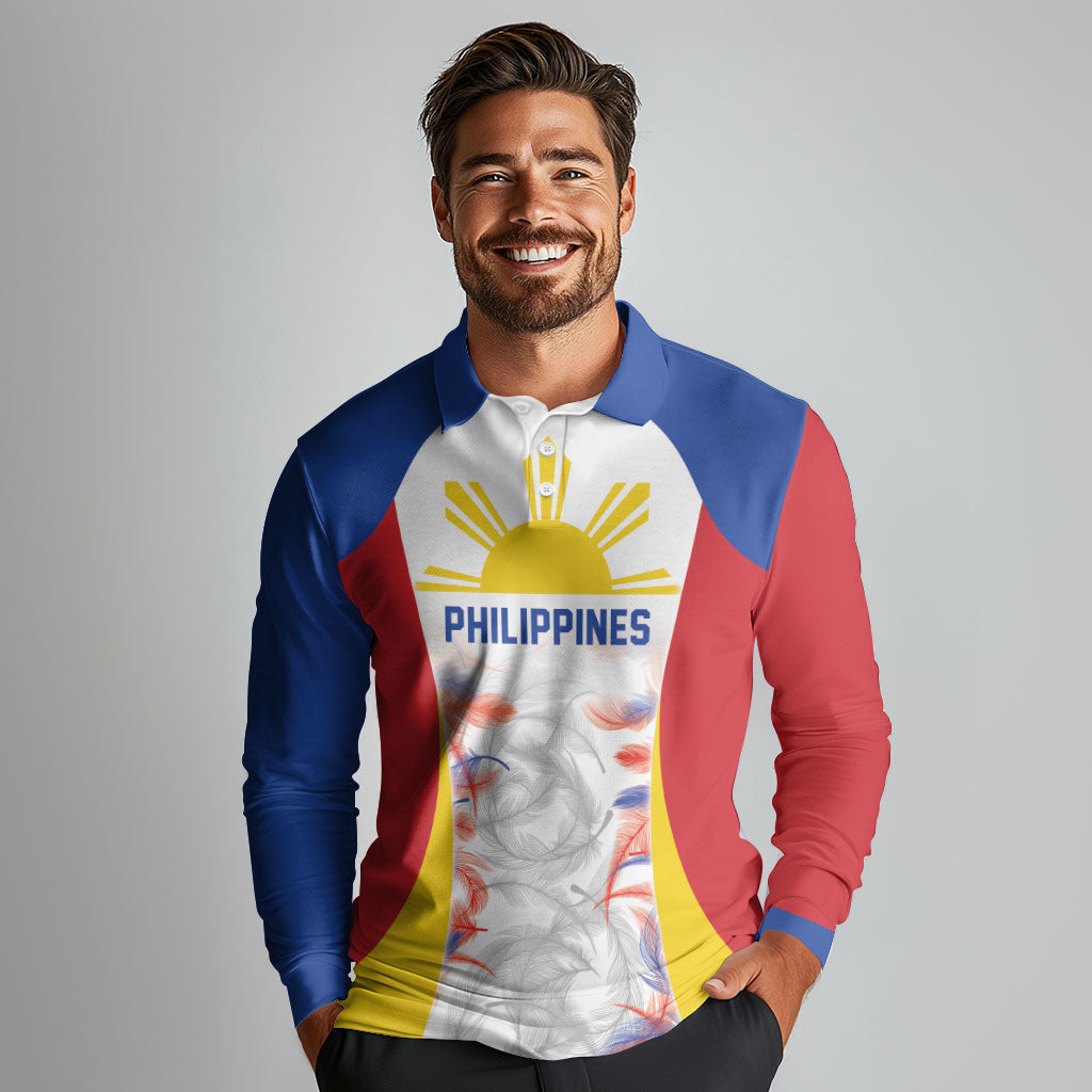 Philippines Flag Day Long Sleeve Polo Shirt Filipino Feather Pattern LT9 - Polynesian Pride