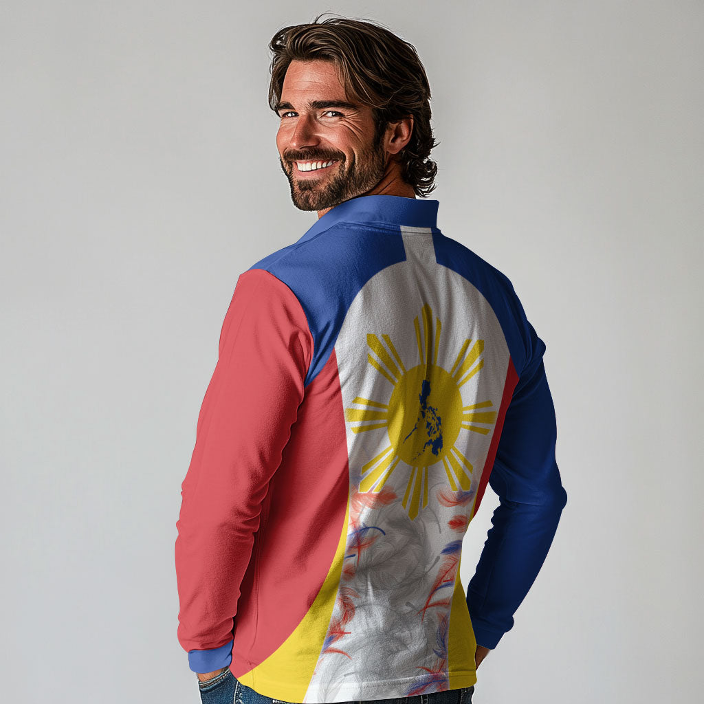 Philippines Flag Day Long Sleeve Polo Shirt Filipino Feather Pattern LT9 - Polynesian Pride