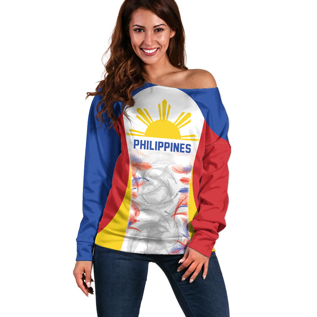 Philippines Flag Day Off Shoulder Sweater Filipino Feather Pattern LT9 Women White - Polynesian Pride