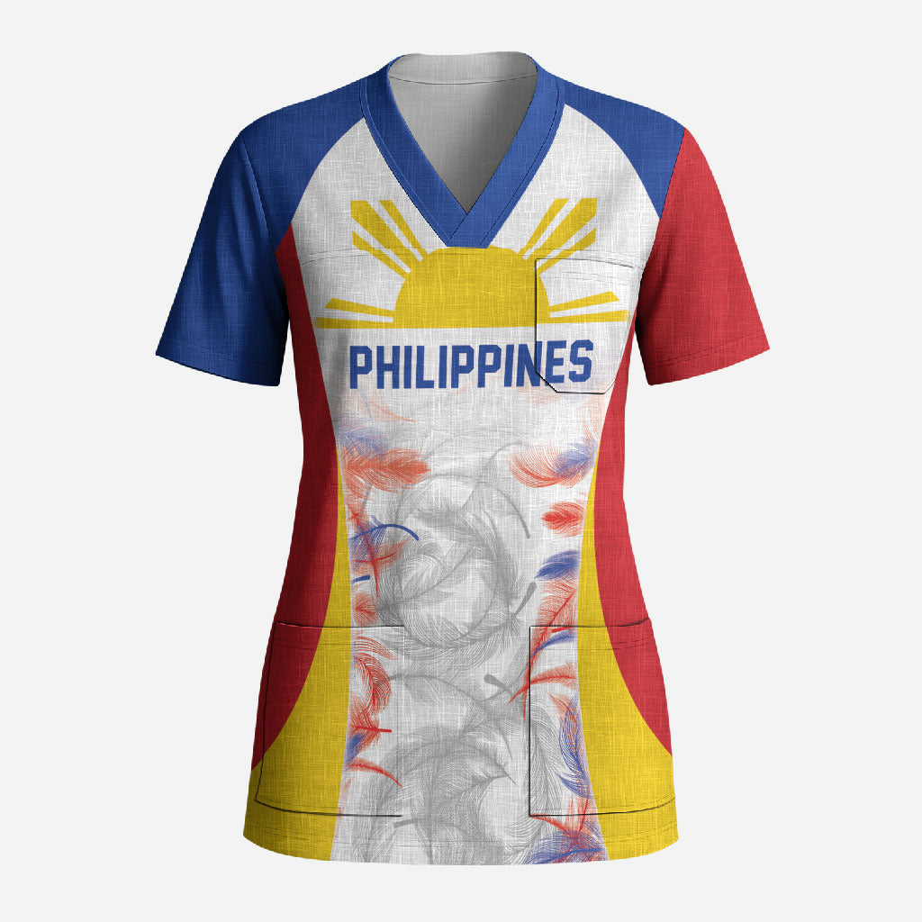 Philippines Flag Day Scrub Top Filipino Feather Pattern LT9 Adult White - Polynesian Pride