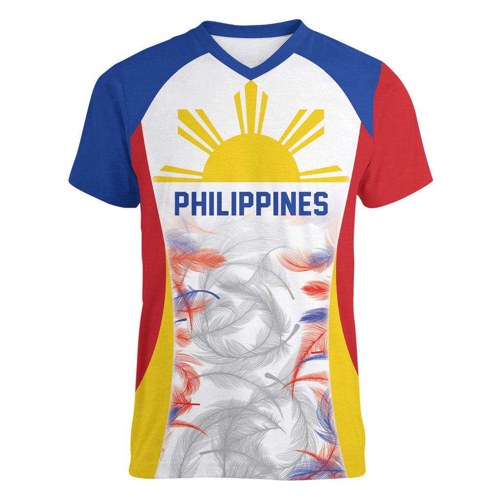 Philippines Flag Day Women V-Neck T-Shirt Filipino Feather Pattern LT9 Female White - Polynesian Pride